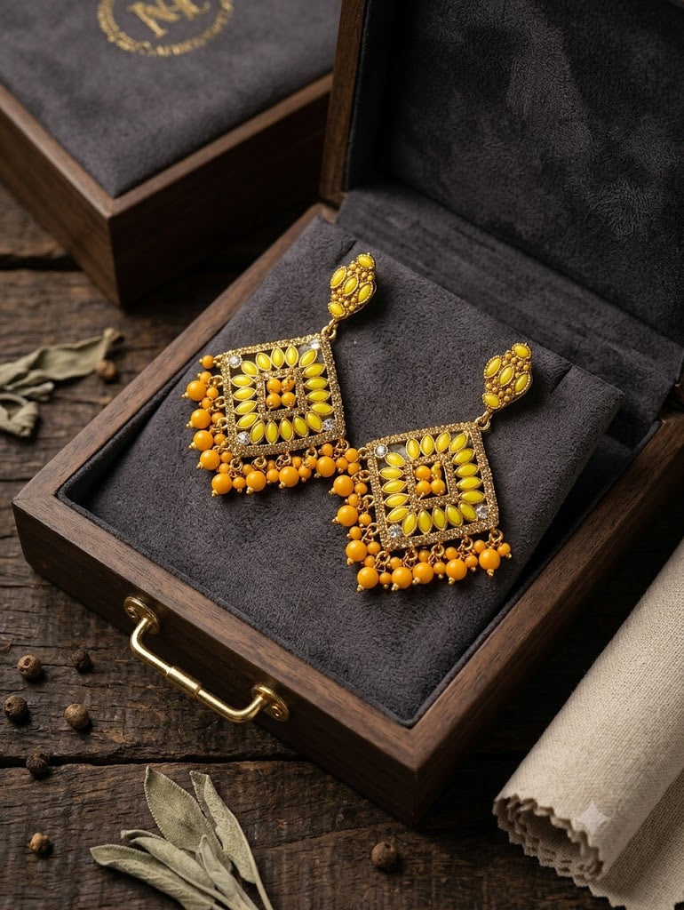 Handcrafted Yellow & Gold Traditional Geometric Drop Earrings