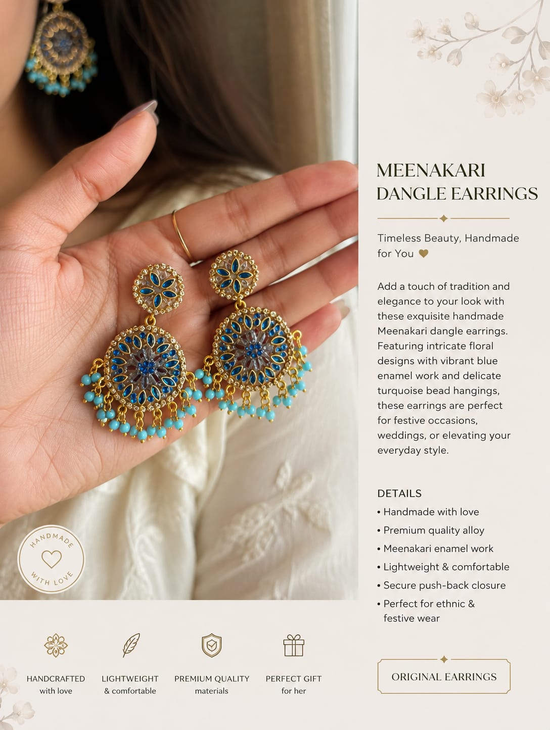 Handmade Blue Floral Statement Earrings