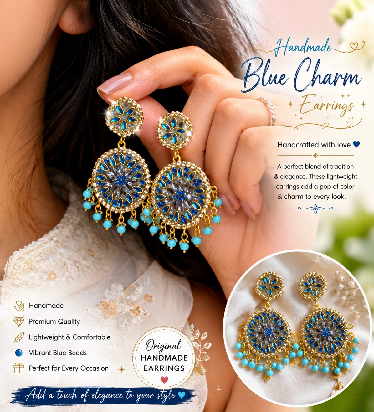 Handmade Blue Floral Statement Earrings