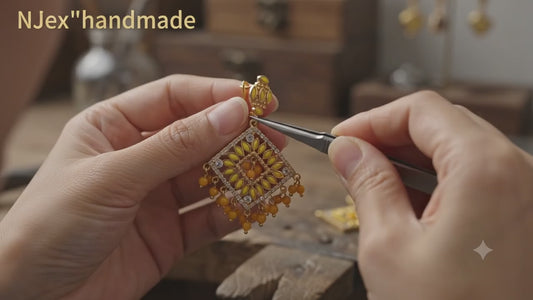Handcrafted Yellow & Gold Traditional Geometric Drop Earrings